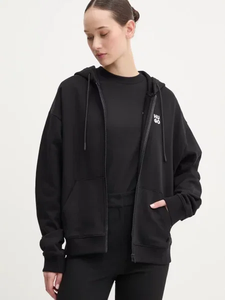 Bombažen pulover HUGO s kapuco črna