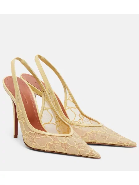 Pantofi cu toc Amina Muaddi din dantelă slingback galben