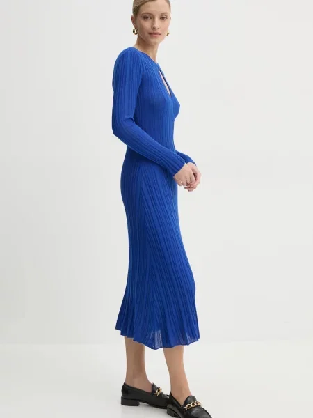 Pepe Jeans sukienka z domieszką jedwabiu NATASHA midi rozkloszowana niebieski