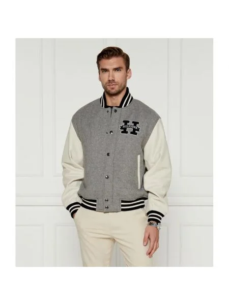 Tommy Hilfiger De lână geacă cu adaos de piele gri