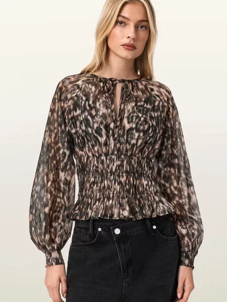 AllSaints bluză cu mătase CERN maro