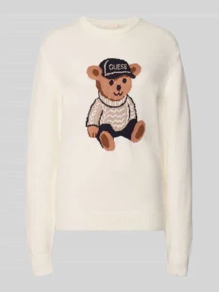 Sweter z dzianiny z mieszanki z motywem w ściegu krój regular fit Guess beżowy