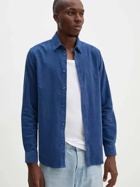 Samsoe Samsoe camasa din velur SALIAM marin cu guler clasic regular albastru