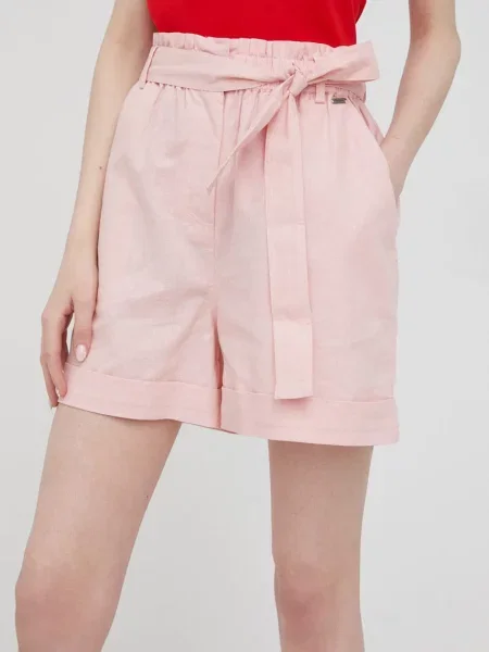 Pepe Jeans pantaloni scurți din amestec de in Muriel femei neted high waist roz