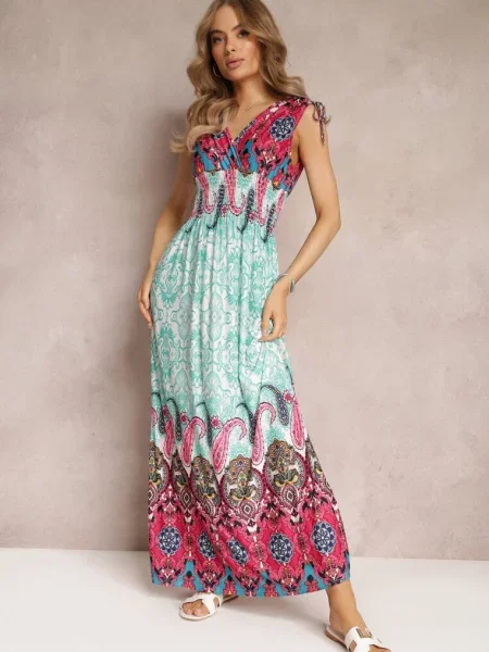 Miętowo-Fuksjowa Sukienka Maxi w Stylu Boho z Gumką w Pasie Bernette