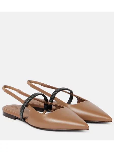 Balerini Brunello Cucinelli din piele slingback maro