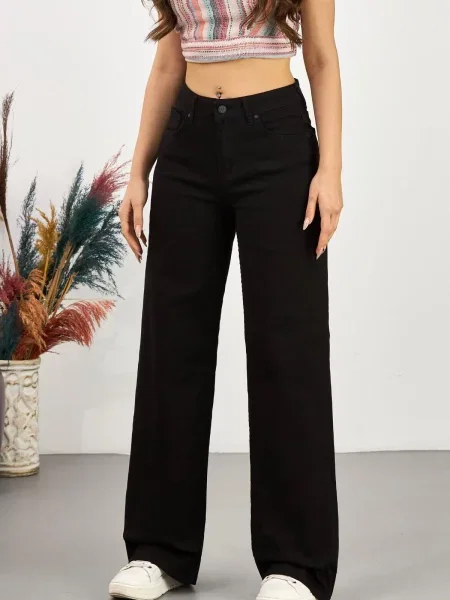 Talie pantaloni palazzo Dewberry cu talie înaltă negru