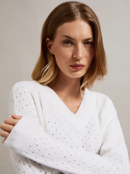 Pulover Moodo ajurat alb