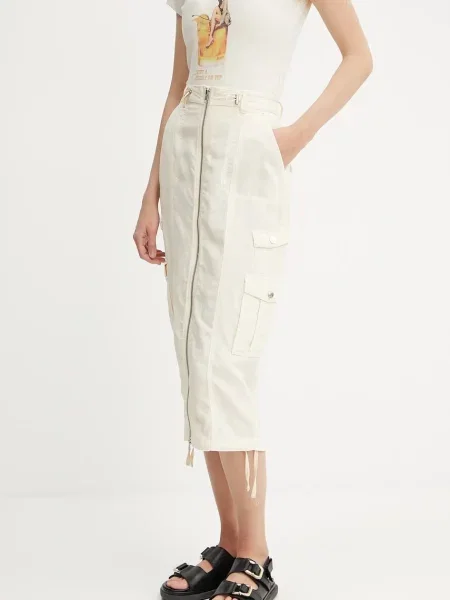 Guess spódnica z domieszką lnu CASEY midi prosta beżowy