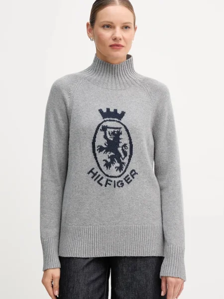 Пуловер с вълна Tommy Hilfiger с ниско поло сиво