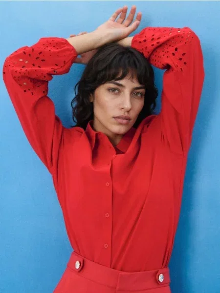 Сорочка з мереживним обробленням рукавів червоний