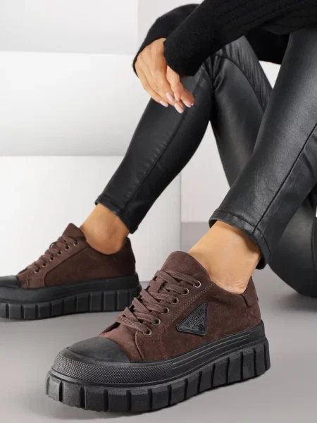 Sneakersy Vices na Platformie z Ozdobą i Napisem Leawen brązowe