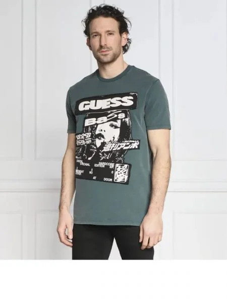 GUESS Tricou SS BSC GUESS MUSIC POSTER verde