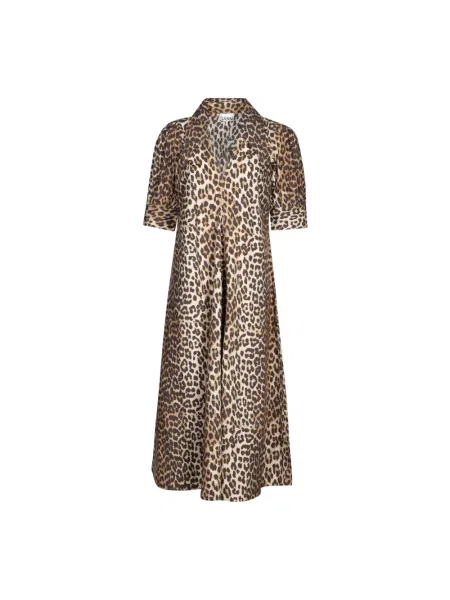 Sukienka midi Ganni w panterkę popelinowa beżowa