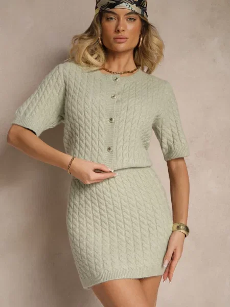 Jasnozielona Spódnica Sweterkowa z Wełną High Waist Selzeki zielona
