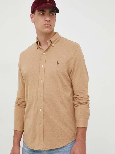 Риза Polo Ralph Lauren мъжка със стандартна кройка с яка с копче бежово