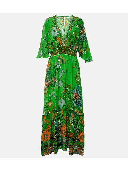 Jedwabna sukienka maxi Camilla w kwiatki garniturowa zielona