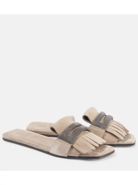 Papuci de casă Brunello Cucinelli cu franjuri din piele de căprioară bej