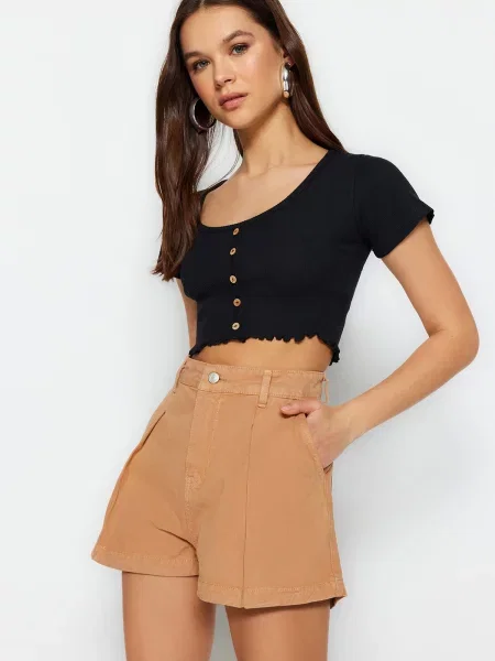 Pantaloni scurți din denim Trendyol cu talie înaltă portocaliu