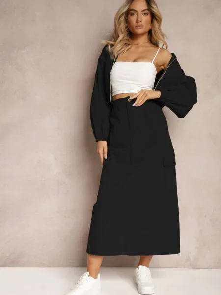 Casualowy Komplet Rozpinana Bluza i Spódnica z na Klapy Lennira czarny