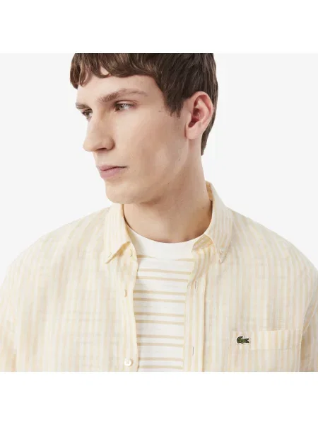 Lacoste Lniana Koszula Button-Down W Paski Regular Fit żółta