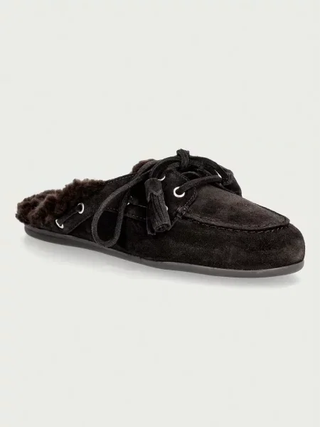 Posa papuci de casă pentru femei din piele întoarsă Boat Loafer Mule maro