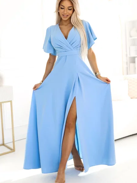 Długa sukienka maxi Numoco z rozcieciem garniturowa niebieska