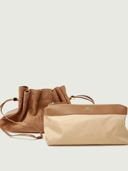 Elisabetta Franchi Geantă tip sac + borsetă | piele întoarsă bej