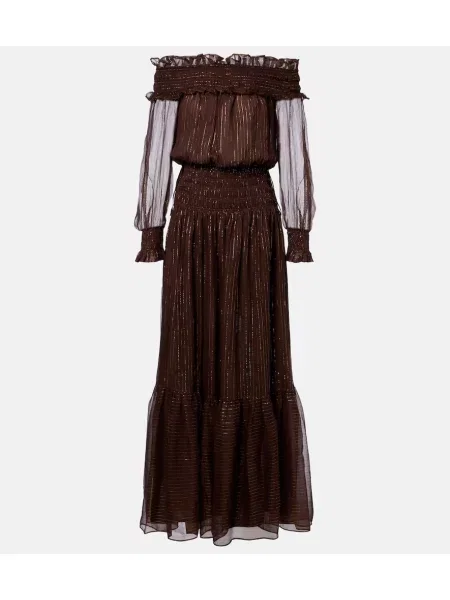 Rochie maxi Self-portrait de mătase de costum maro
