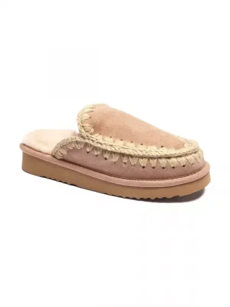 MOU De piele papuci de casă ESKIMO cu adaos de lână bej