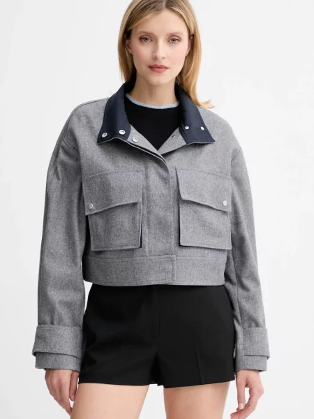 BOSS jachetă de lână de tranziție oversize gri