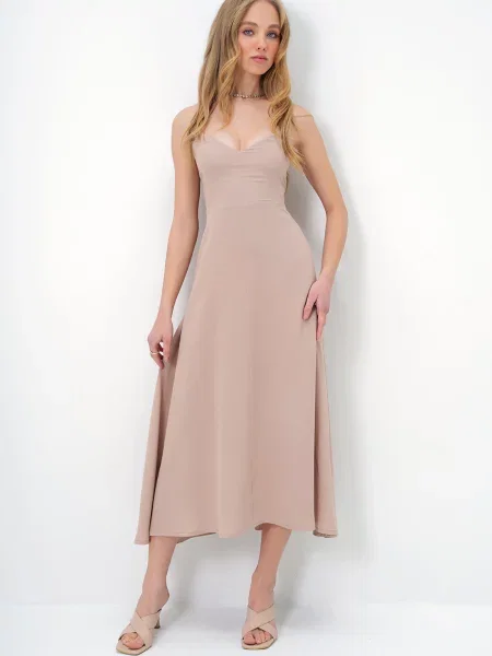 Trend Alaçatı Stili Koktejl obleka bež