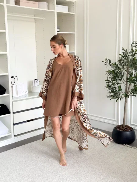 Домашній костюм Cosy Халат + Сорочка коричневий