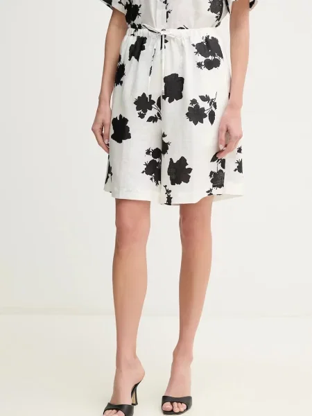 Liviana Conti pantaloni scurți din in femei cu imprimeu high waist alb