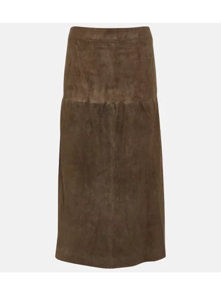 Fustă midi Joseph din piele de căprioară până la genunchi maro