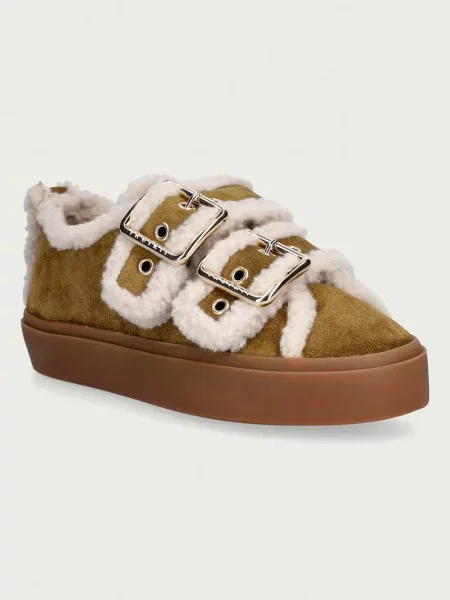 Inuikii Shearling Low Velcro Buckle sneakers pentru femei din piele întoarsă verde
