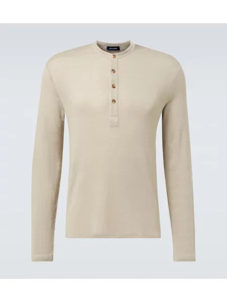 Cămașă Thom Sweeney de in cu guler henley bej