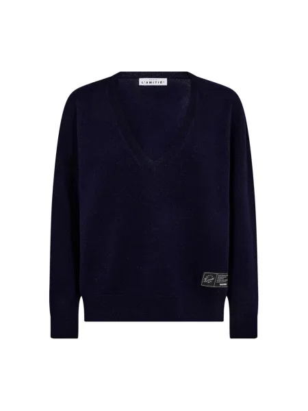 Sweter Haute L'amitié z dekoltem w serek niebieski