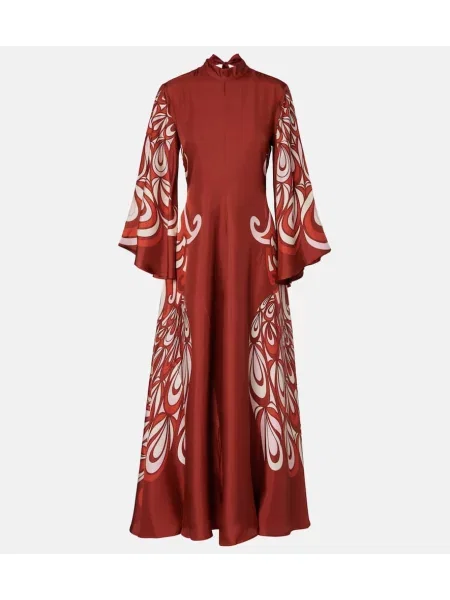 Jedwabna sukienka maxi La Doublej z nadrukiem garniturowa bordowa