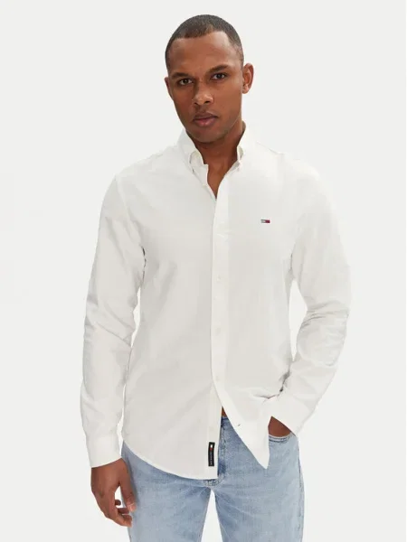 Cămașă Tommy Jeans lungă din țesătură twill cu mâneci lungi alb