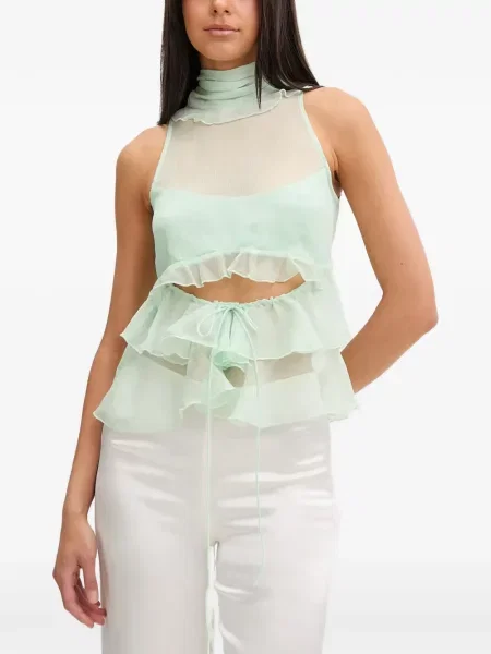 Bluză Bardot fără mâneci cu volane verde