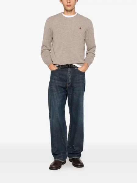 Pulover Brooks Brothers cu broderie cu decolteu rotund maro