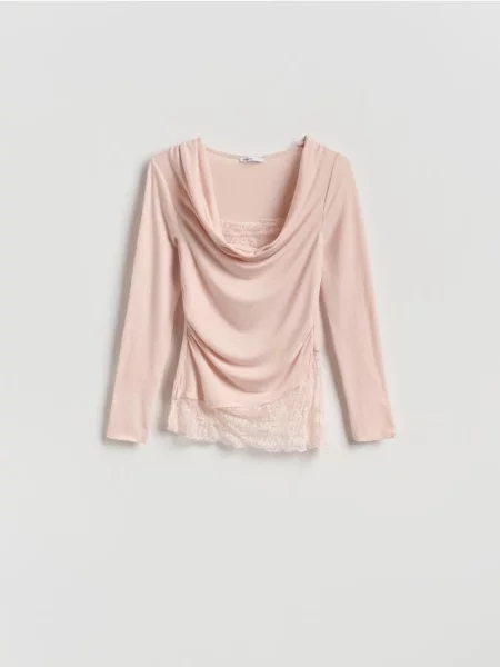 Reserved Блузка з мереживною вставкою пастельний рожевий