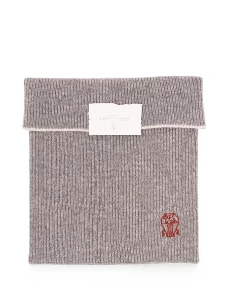 Fular Brunello Cucinelli cu broderie tricotate gri