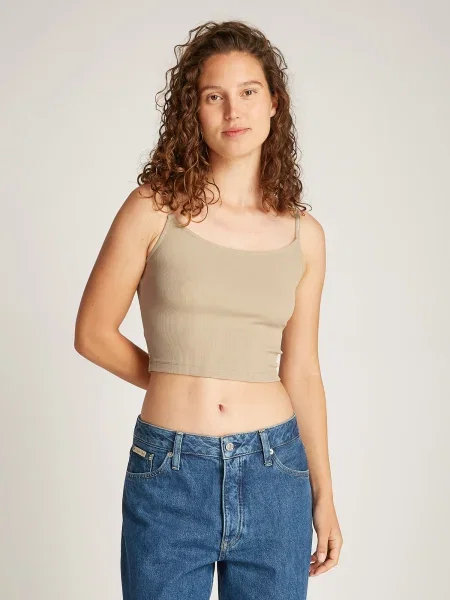 Top din denim Calvin Klein Jeans cu autograf bej