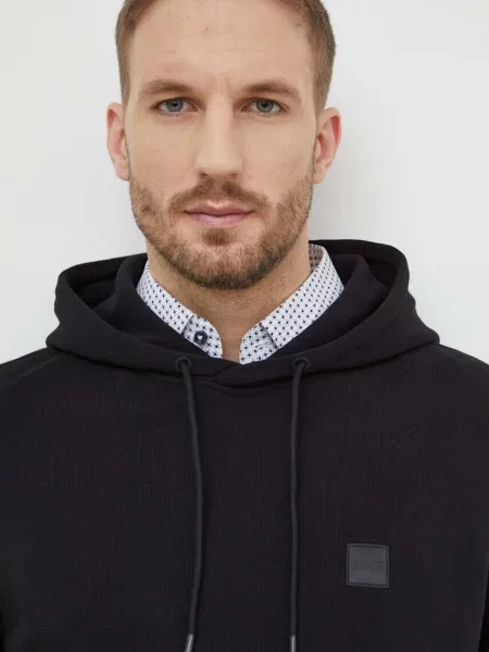 Dukserica Boss Orange za muškarce s kapuljačom bez uzorka crna