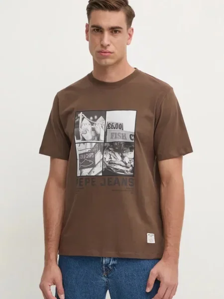 Majica Pepe Jeans AWEST za muškarce s tiskom smeđa