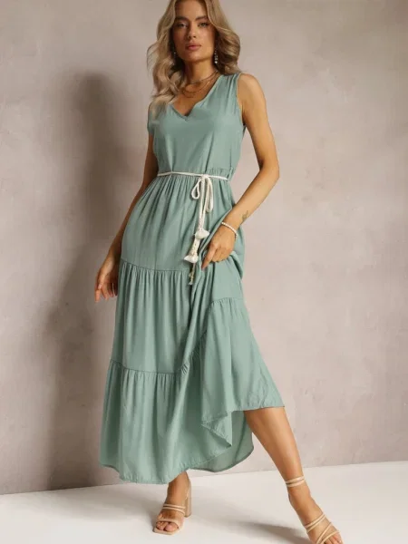 Rochie Maxi Cloș cu Șnur Ornamental și Decolteu Triunghiular Zornitsa verde