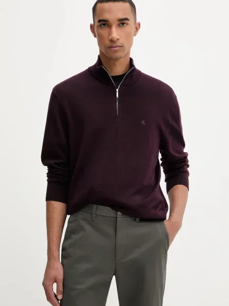 Calvin Klein sweter wełniany lekki z półgolfem bordowy