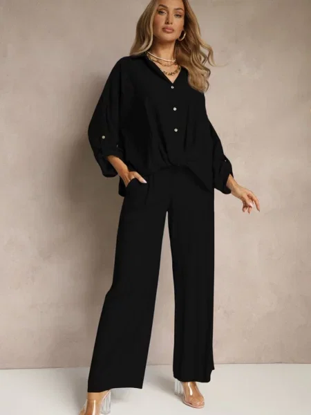 Komplet z w Stylu Oversize Szerokie Spodnie i Luźna Koszula na Natinne czarny